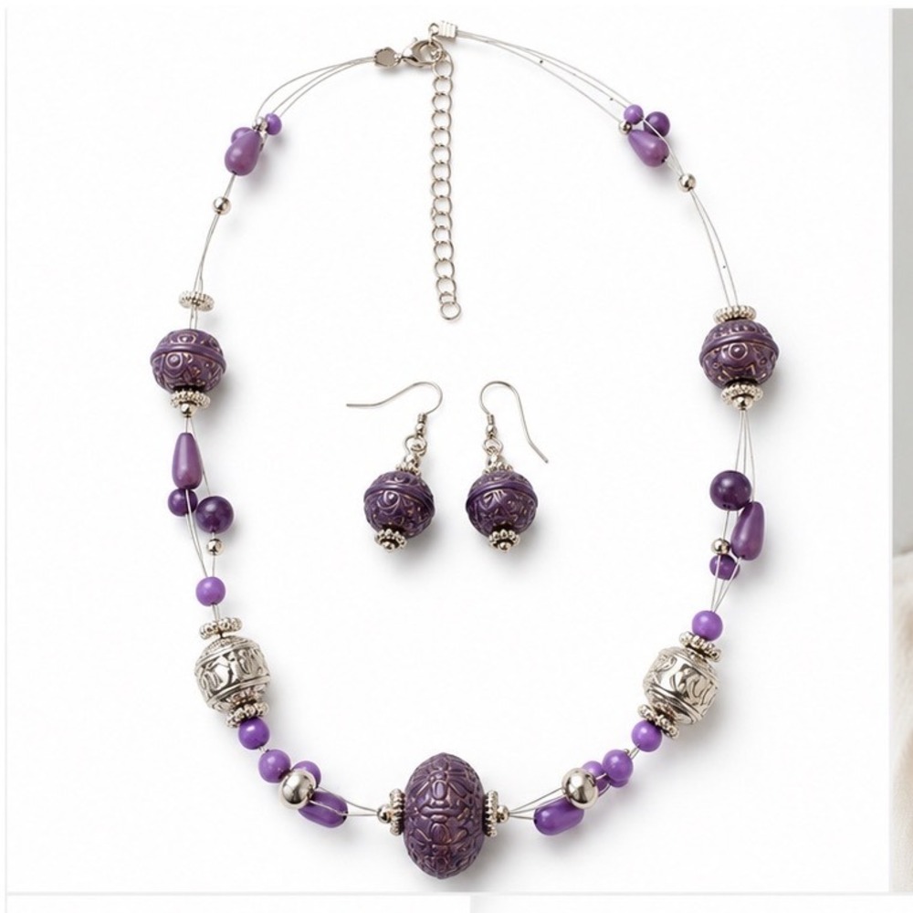 Beaded Jewelry Set Purple Boho Carved Resin Multi Strand Necklace Drop Earrings - Picture 7 of 7